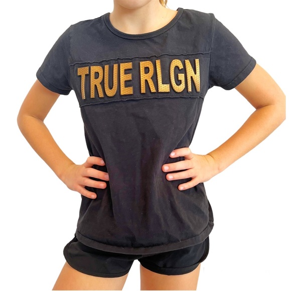 True Religion Golden Logo Graphic Short Sleeve T-Shirt Size M (8-10) - Picture 3 of 8